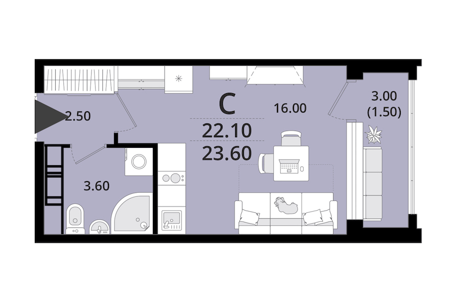 Квартира студия 23.6 м², 6/13 эт., ЖК «Тайм Сквер»